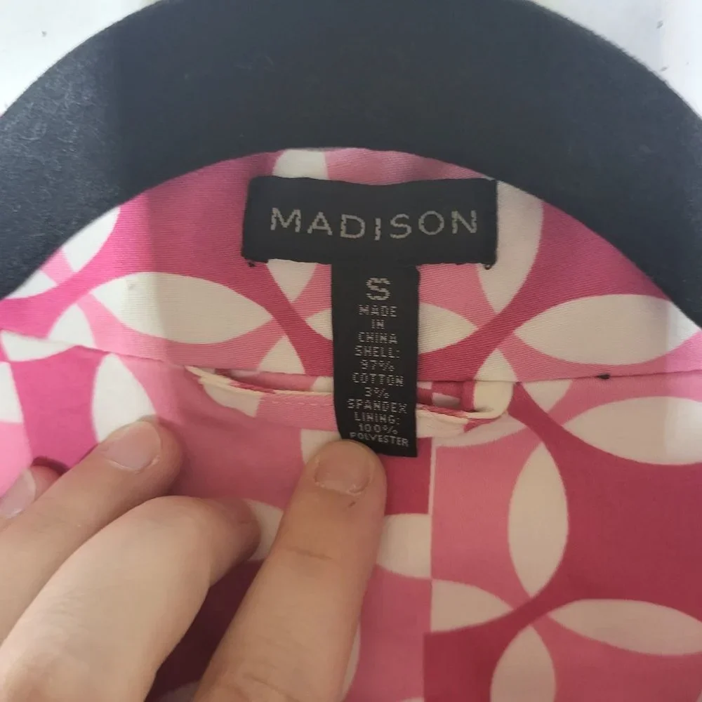 Madison Womens Pink Geometric Print Button Down Trench Coat Jacket‎ Size Small
